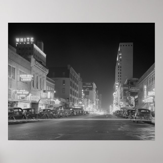 Downtown Dallas At Night, 1942. Vintage Photo Poster (Front)