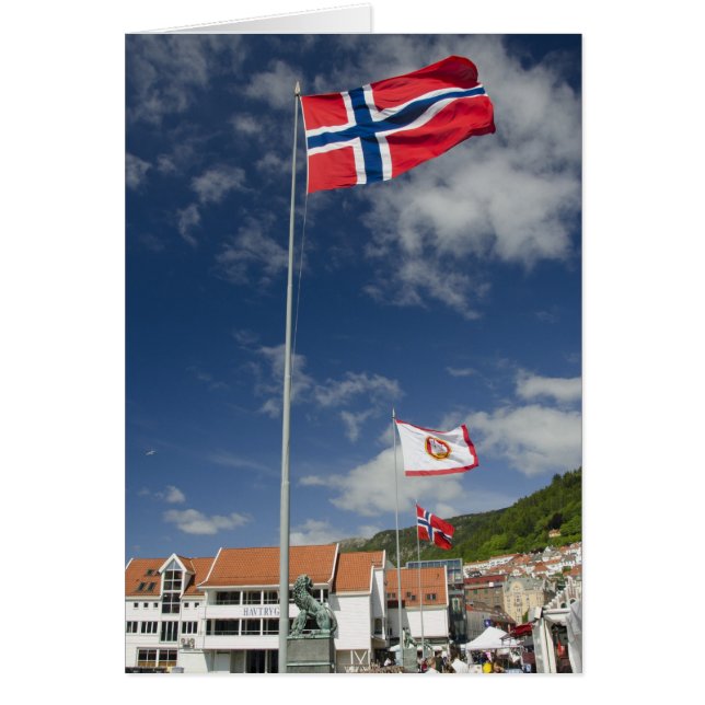 Downtown historic port area of Bergen wth flags (Front)