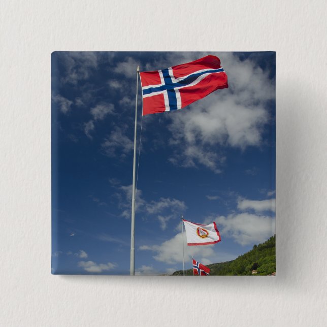 Downtown historic port area of Bergen wth flags 15 Cm Square Badge (Front)