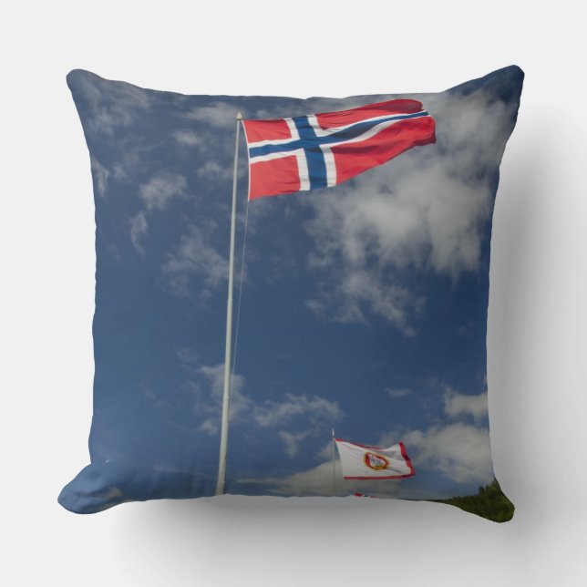 Downtown historic port area of Bergen wth flags Cushion (Front)