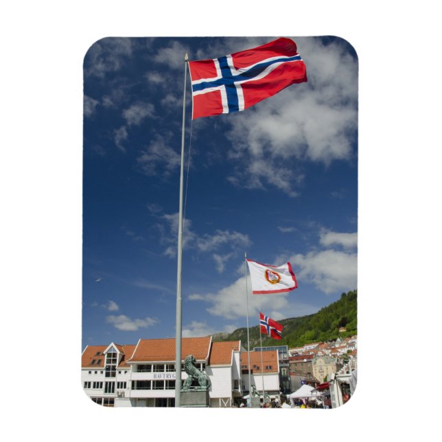 Downtown historic port area of Bergen wth flags Magnet (Vertical)