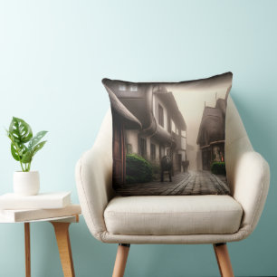 Downtown Hobbiton on a Foggy Day Cushion