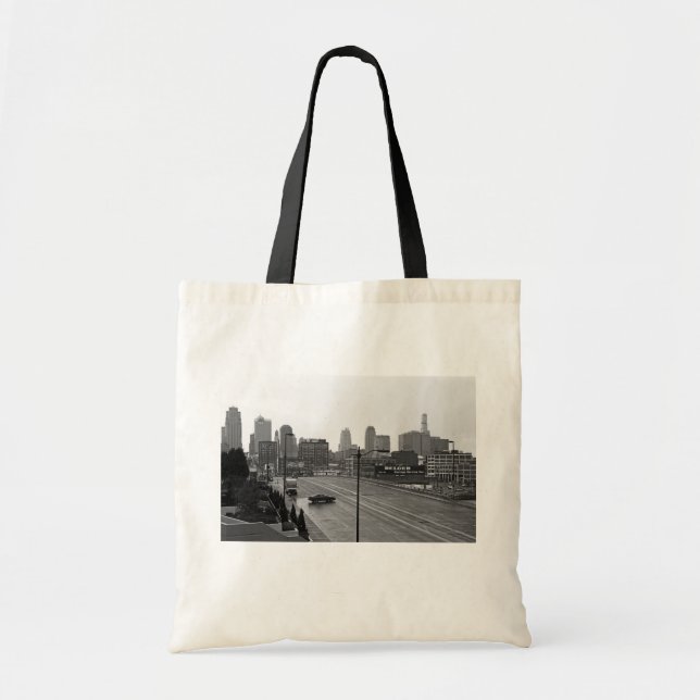 Downtown Kansas City Skyline–Black and White Photo Tote Bag (Front)