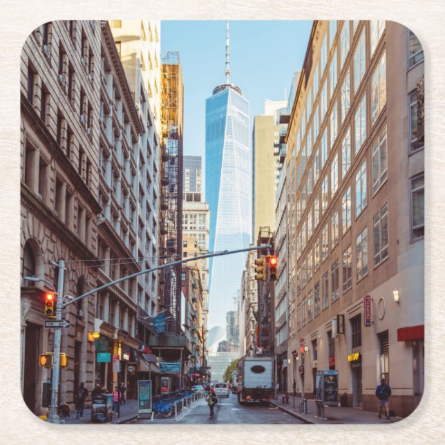 Downtown New York View of World Trade Center Square Paper Coaster (Front)