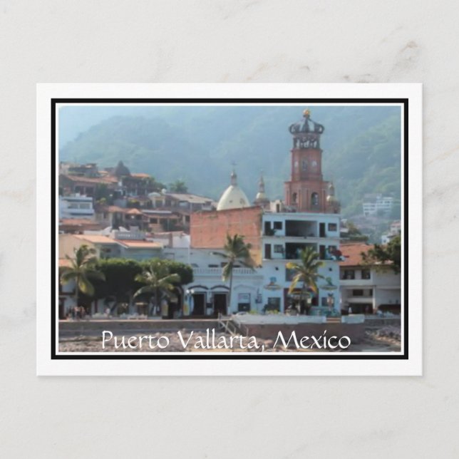 downtown Puerto Vallarta with border postcard (Front)