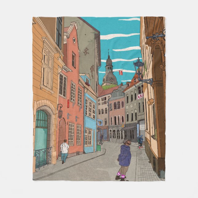 Downtown Riga Latvia Cityscape Illustration Fleece Blanket (Front)