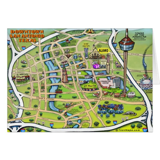 Downtown San Antonio Cartoon Map (Front Horizontal)