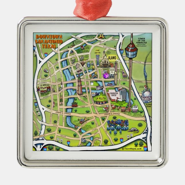 Downtown San Antonio Cartoon Map Metal Tree Decoration (Front)