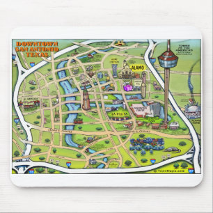 Downtown San Antonio Cartoon Map Mouse Mat