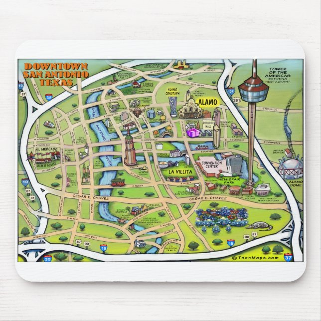Downtown San Antonio Cartoon Map Mouse Mat (Front)