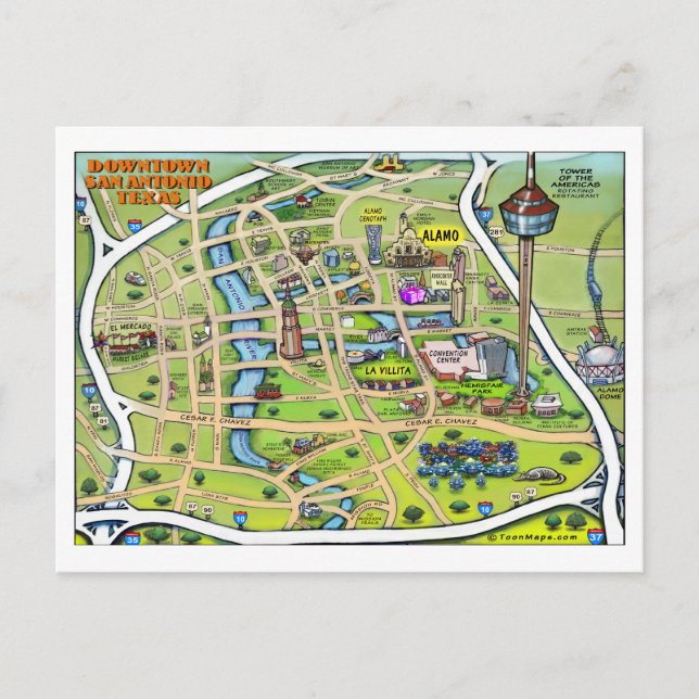 Downtown San Antonio Cartoon Map Postcard (Front)