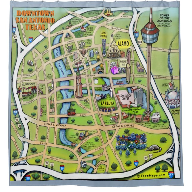Downtown San Antonio Cartoon Map Shower Curtain (Front)