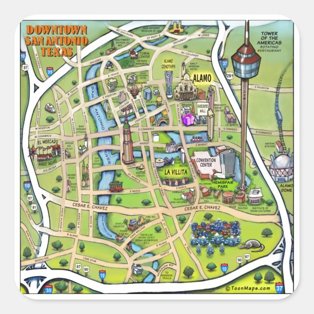 Downtown San Antonio Cartoon Map Square Sticker (Front)