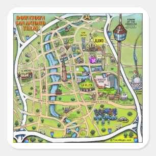 Downtown San Antonio Cartoon Map Square Sticker