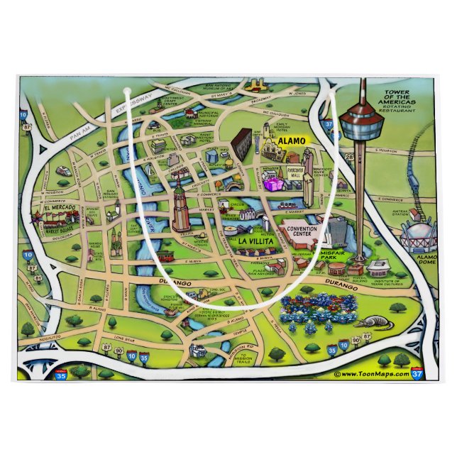 Downtown San Antonio Texas Cartoon Map Large Gift Bag (Front)