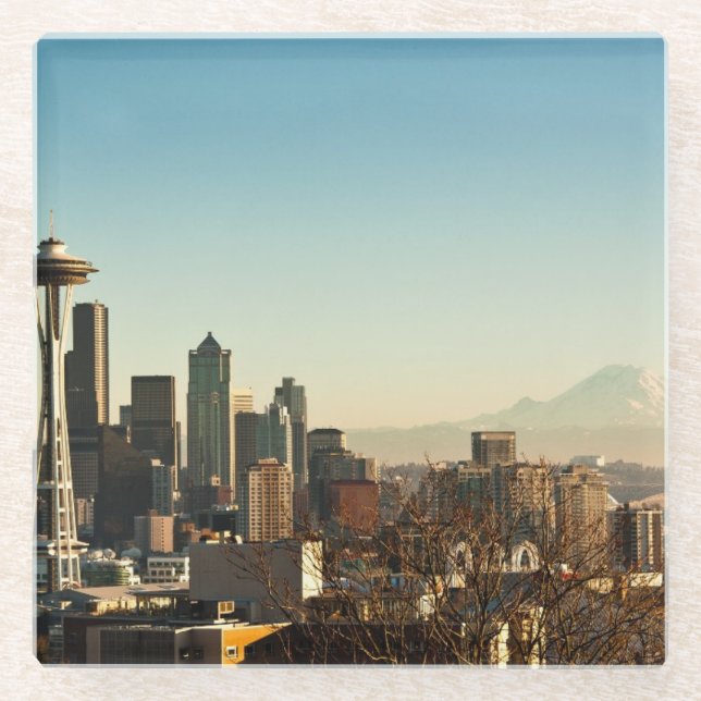 Downtown Seattle skyline and Space Needle Glass Coaster (Front)
