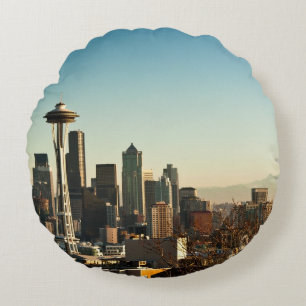 Downtown Seattle skyline and Space Needle Round Cushion