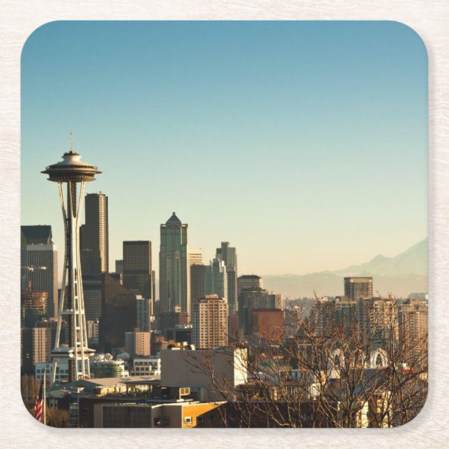 Downtown Seattle skyline and Space Needle Square Paper Coaster (Front)