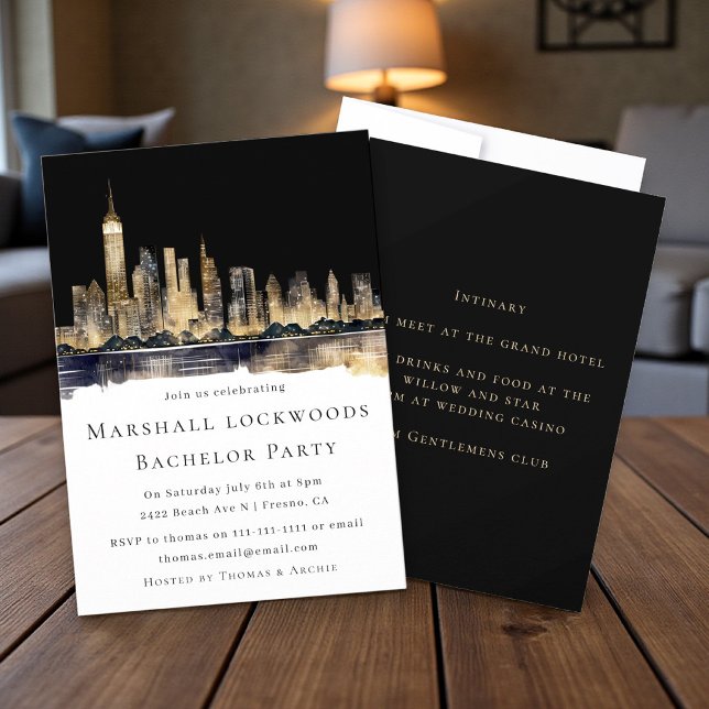 Downtown Skyline Gold Bachelor Party Invitation  (Creator Uploaded)