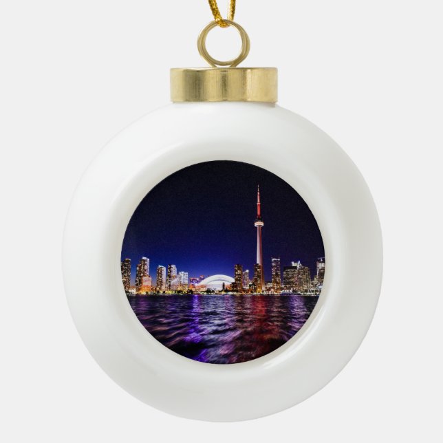 Downtown Toronto Canada cityscape at night Ceramic Ball Christmas Ornament (Front)