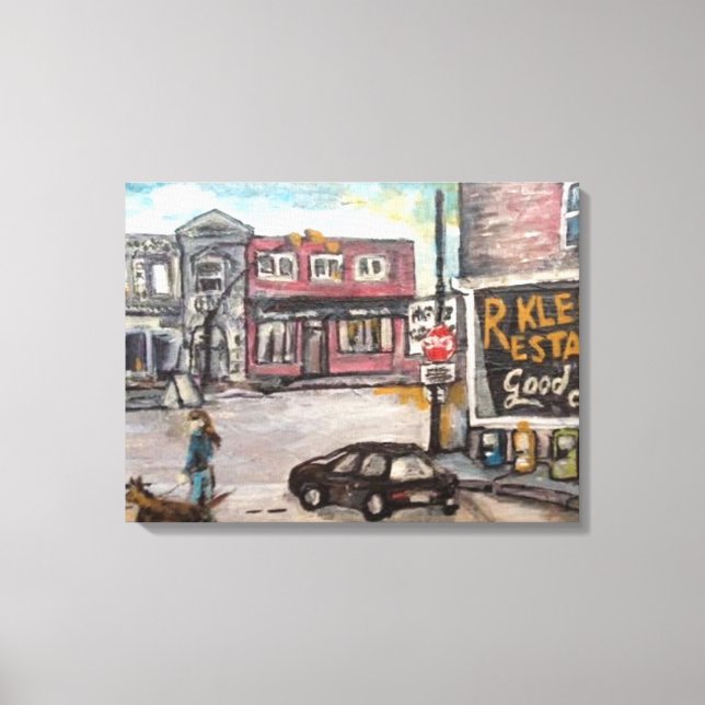 "Downtown Willoughby Dog Walk" painting Canvas Print (Front)