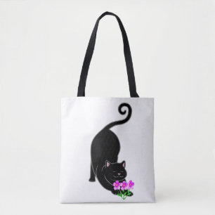 Downward black kitty cat & pink flowers tote bag