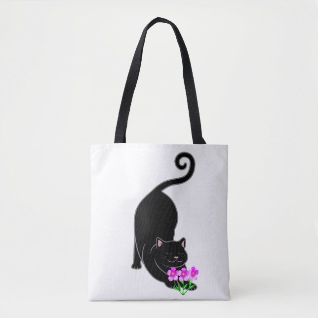 Downward black kitty cat & pink flowers tote bag (Front)