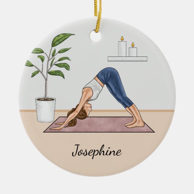 Downward Dog Pose Yoga Woman And Custom Name Ceramic Tree Decoration (Front)