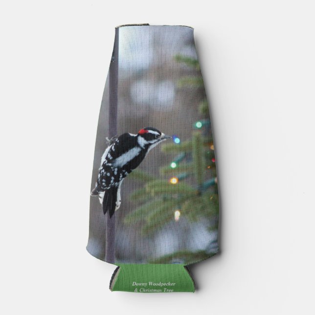 Downy Woodpecker & Christmas Tree Bottle Cooler (Front)