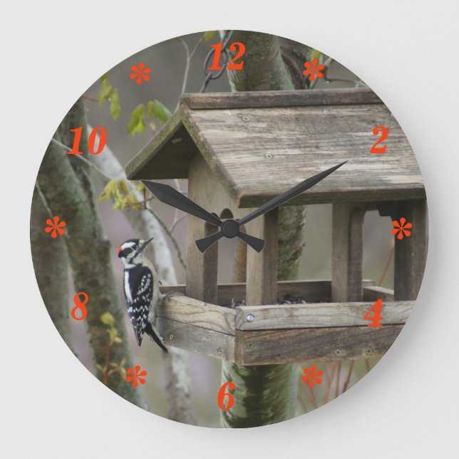 Downy Woodpecker Clock- choose size & shape Large Clock (Front)