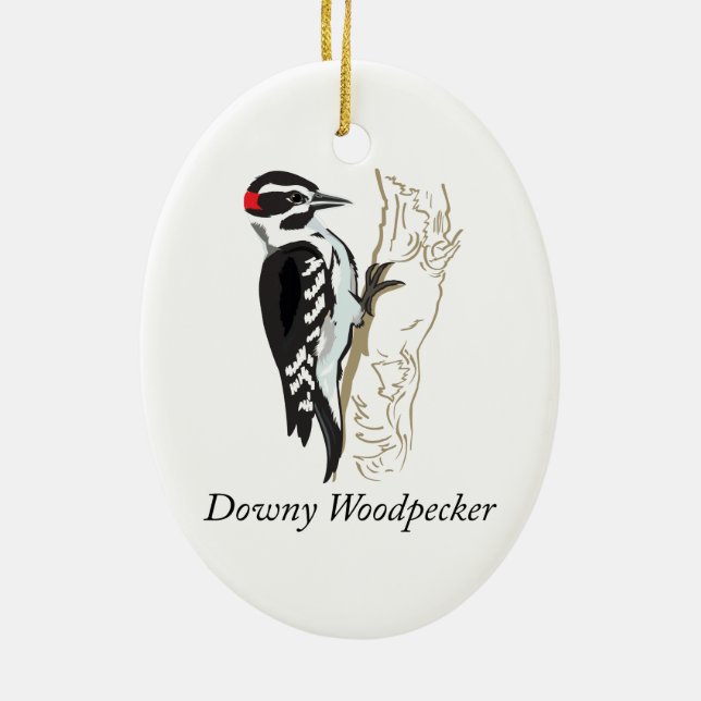 Downy Woodpecker Illustration Ceramic Tree Decoration (Back)