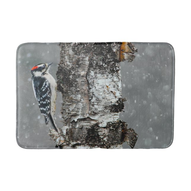 Downy Woodpecker in Snow - Original Photograph Bath Mat (Front)