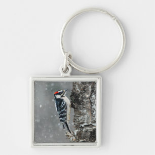 Downy Woodpecker in Snow - Original Photograph Key Ring