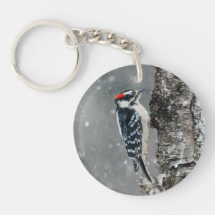 Downy Woodpecker in Snow - Original Photograph Key Ring