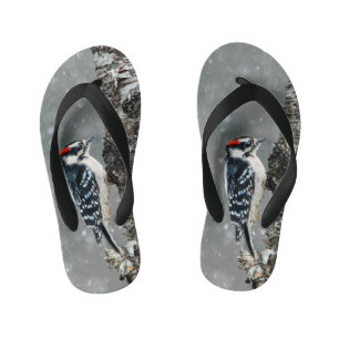Downy Woodpecker in Snow - Original Photograph Kid's Flip Flops