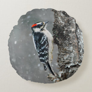 Downy Woodpecker in Snow - Original Photograph Round Cushion