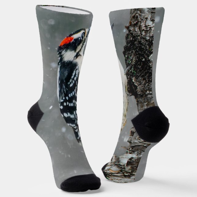 Downy Woodpecker in Snow - Original Photograph Socks (Angled)
