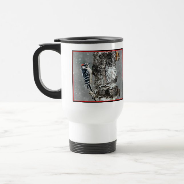 Downy Woodpecker in Snow - Original Photograph Travel Mug (Left)