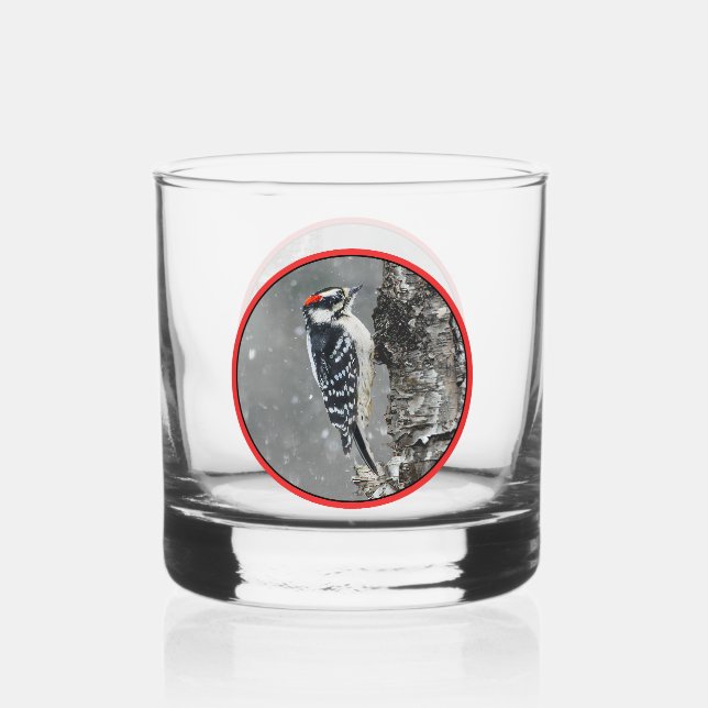 Downy Woodpecker in Snow - Original Photograph Whiskey Glass (Front)