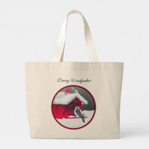 Downy Woodpecker on Red Feeder Original Bird Art Large Tote Bag