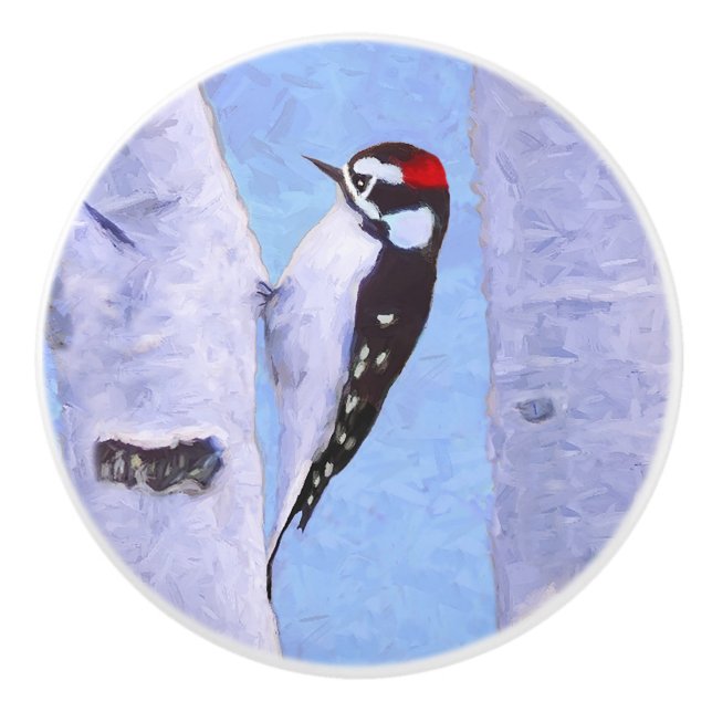 Downy Woodpecker Painting - Original Bird Art Ceramic Knob (Front)