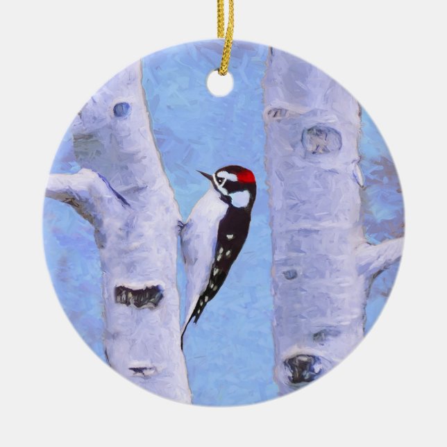 Downy Woodpecker Painting - Original Bird Art Ceramic Tree Decoration (Front)