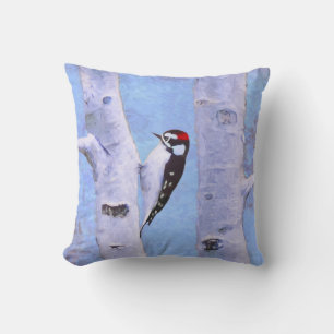 Downy Woodpecker Painting - Original Bird Art Cushion