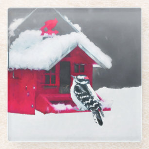 Downy Woodpecker Painting - Original Bird Art Glass Coaster