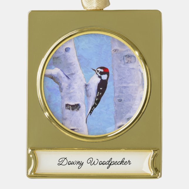 Downy Woodpecker Painting - Original Bird Art Gold Plated Banner Ornament (Front)