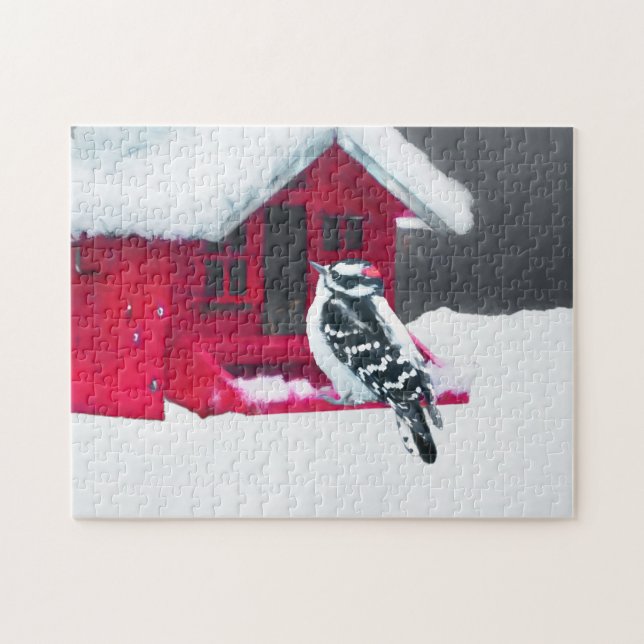 Downy Woodpecker Painting - Original Bird Art Jigsaw Puzzle (Horizontal)