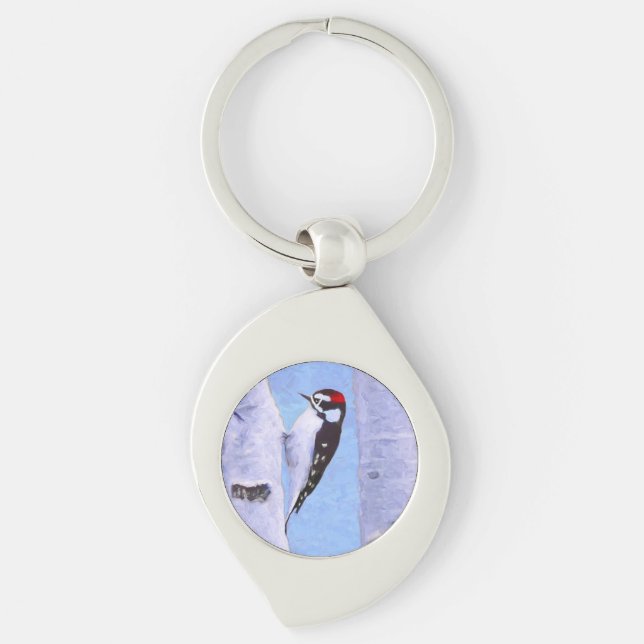 Downy Woodpecker Painting - Original Bird Art Key Ring (Front)
