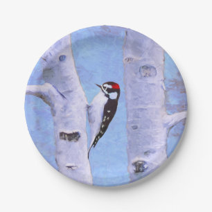 Downy Woodpecker Painting - Original Bird Art Paper Plate