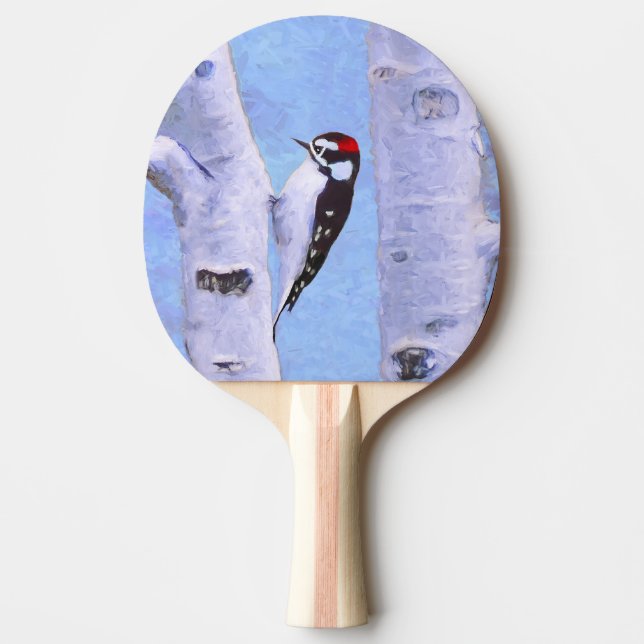 Downy Woodpecker Painting - Original Bird Art Ping Pong Paddle (Front)