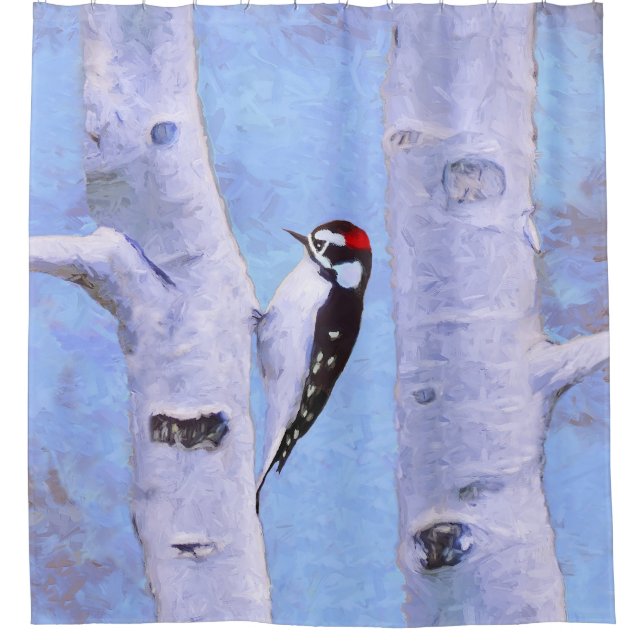 Downy Woodpecker Painting - Original Bird Art Shower Curtain (Front)